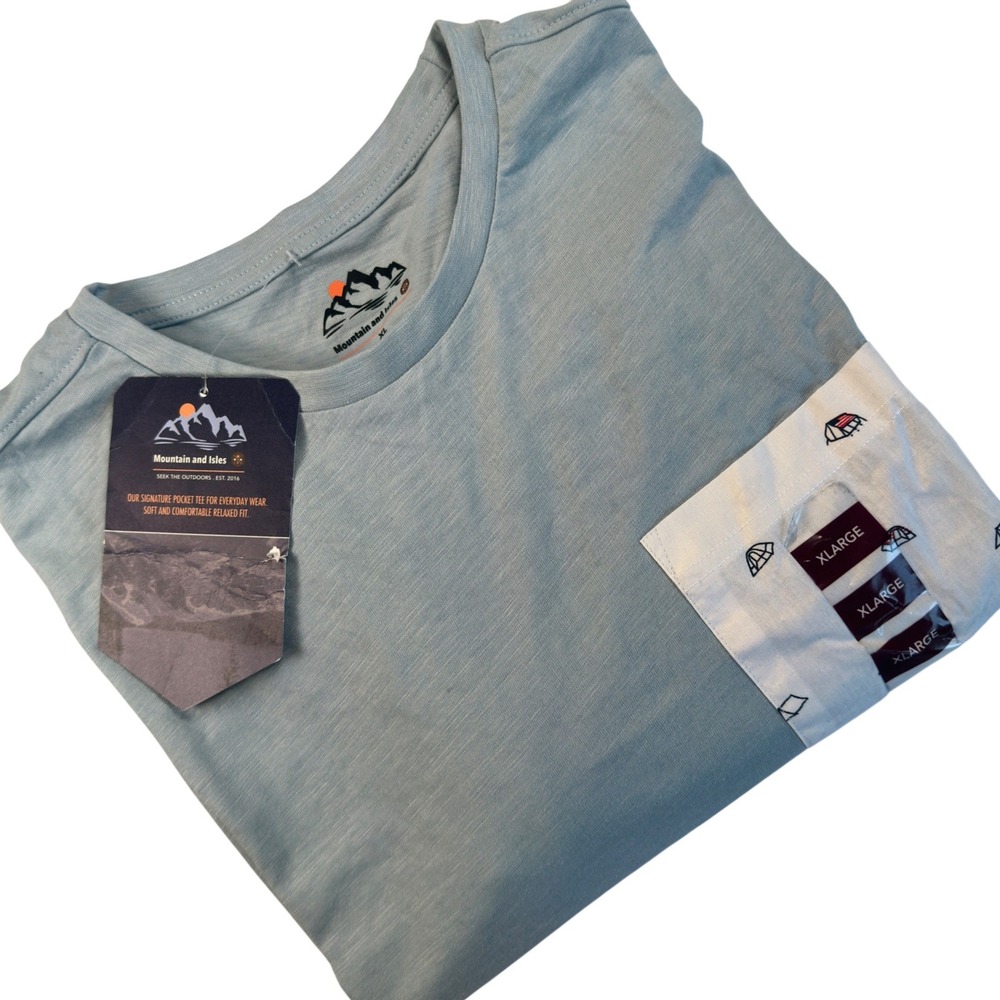 Mountain and Isles Pocket Tee Sky Blue Heather Slub Camping Print XL NEW